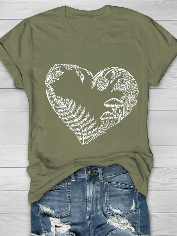Plant Heart Shaped Printed Crew Neck Women's T-shirt