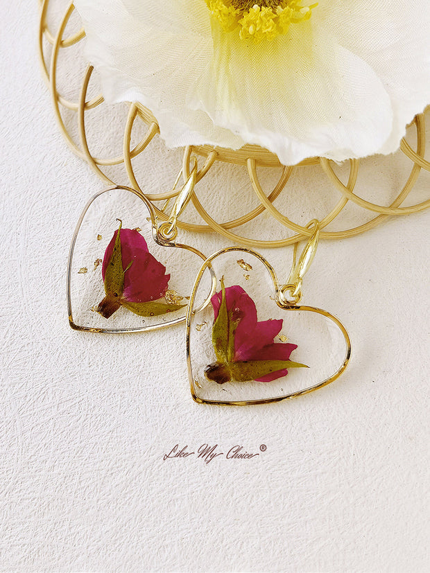 Pressed Flower Earrings - Resin Heart Dried Flower