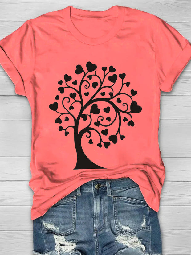Heart Shaped Tree Printed Women's Crew Neck T-shirt