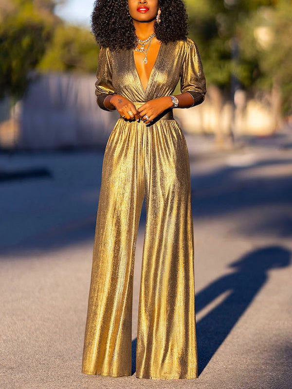 High Waisted Three-Quarter Sleeves Shiny Solid Color Deep V-Neck Jumpsuits Bottoms