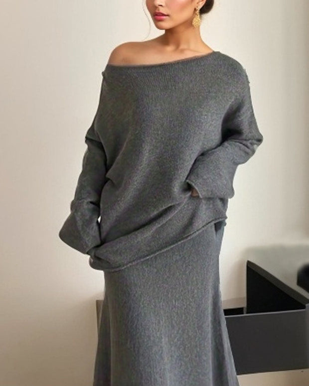 Elegant one-shoulder top and fishtail skirt knitted two-piece set