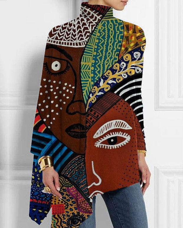Afro-ethnic art print loose turtleneck long-sleeved women's top