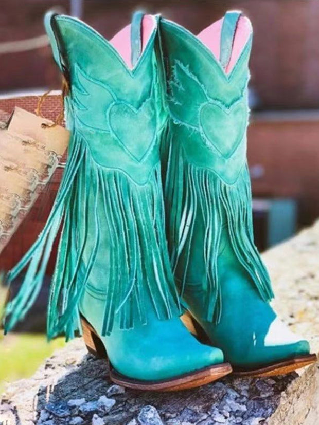 Women Knee High Vintage Tassels Cowboy Boots