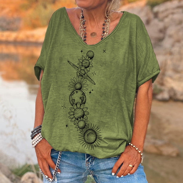 Hippie Floral Planet Printed V-neck Women's T-shirt