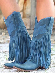 Women Knee High Vintage Tassels Cowboy Boots