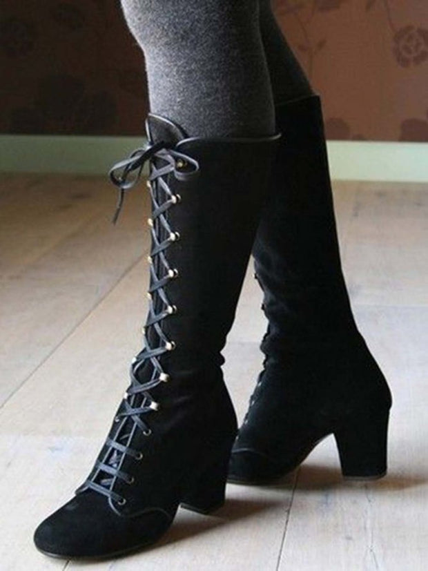 Lace Up Suede Martin Combat Chunky Heel Boots