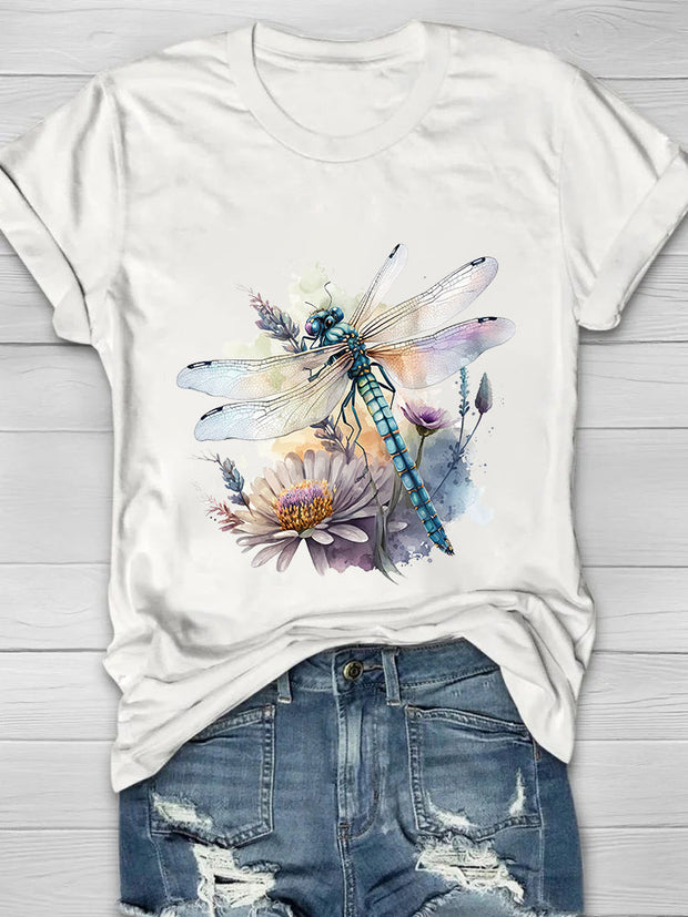 Ink Painting Dragonfly Printed Crew Neck Women's T-shirt