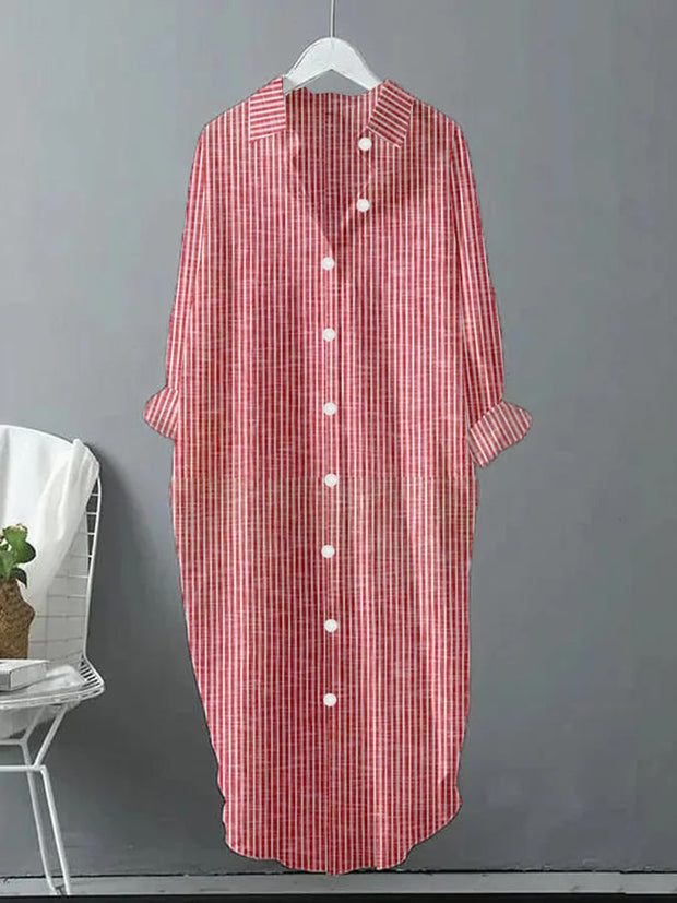Ladies Retro Striped Design Casual Loose Shirt Dress