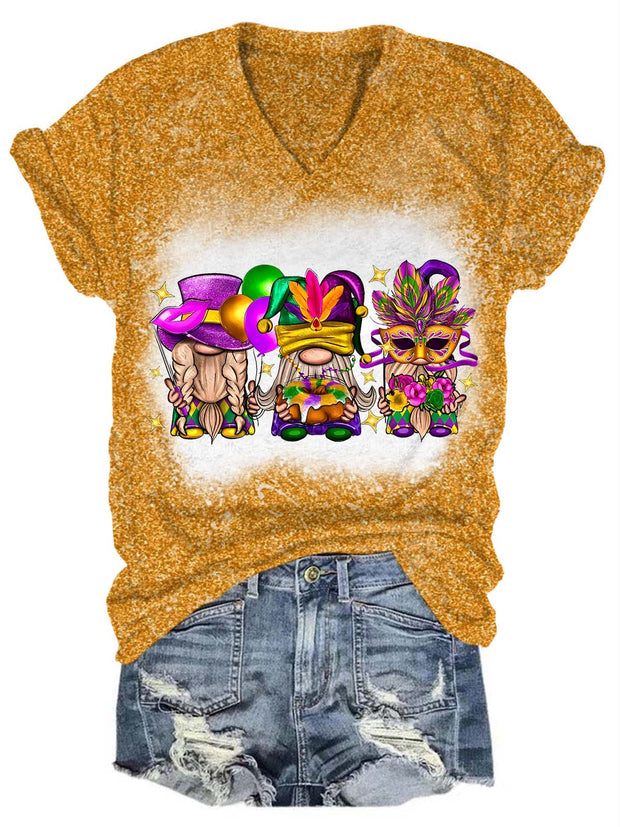 Mardi Gras Gnomies Glitter V-Neck T-Shirt