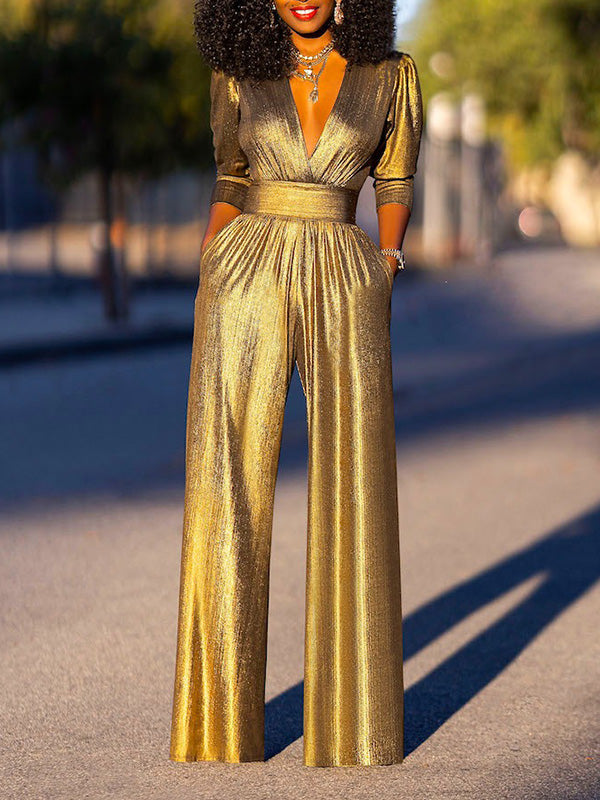 High Waisted Three-Quarter Sleeves Shiny Solid Color Deep V-Neck Jumpsuits Bottoms