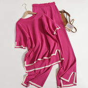 Contrast color slit sweater + wide-leg trousers two-piece set