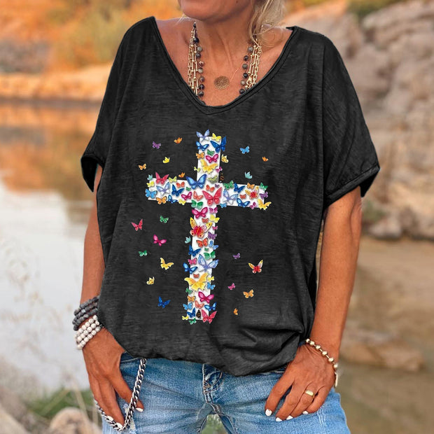 Colorful Butterflies Crucifixion Printed V-neck Women's T-shirt