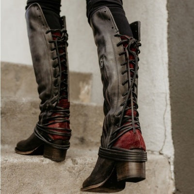Lace up Vintage Knee High Boots Color Block Chunky Heel Boots