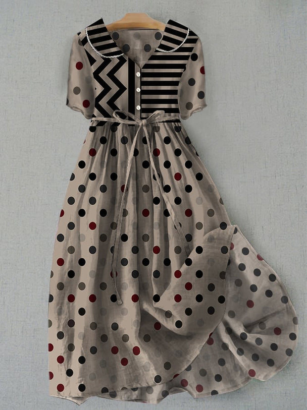 Women's Geometric Polka Dot Print Doll Collar Lace-Up Dress