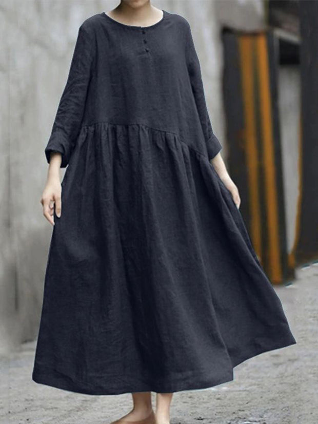 Pure color cotton and linen irregular stitching round neck pocket long sleeve dress large swing dress