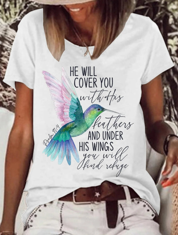 He Will Cover You With His Feathers And Under His Wings You Will Find Refuge Printed Crew Neck Women's T-shirt