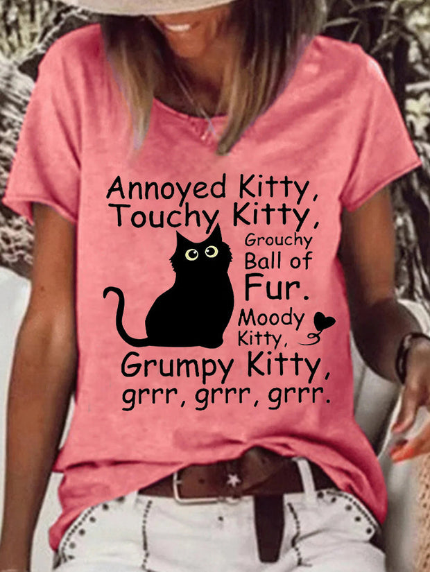 Annoyed Kitty Touchy Kitty Printed Crew Neck Women's T-shirt
