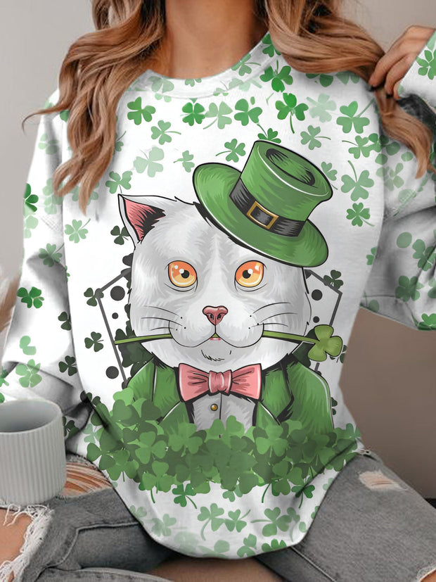 Women's St. Patrick's Day Cat Print Round Neck Long Sleeve Top