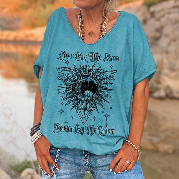 Live By Sun Dream By The Moon Printed V-neck Women's T-shirt