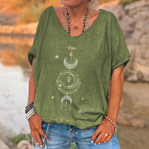 Vintage Sun And Moon Print V-neck Women's T-shirt