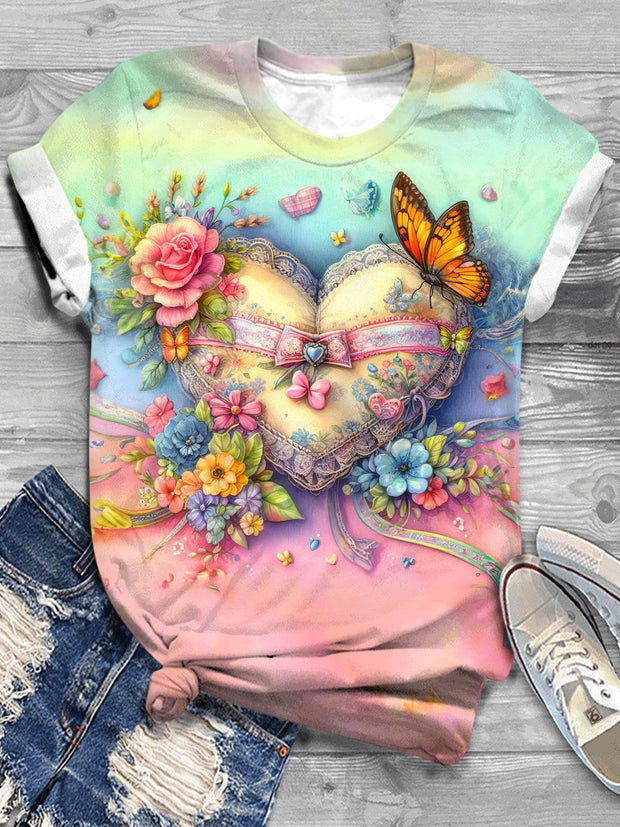 Butterfly Floral Heart Crew Neck T-shirt