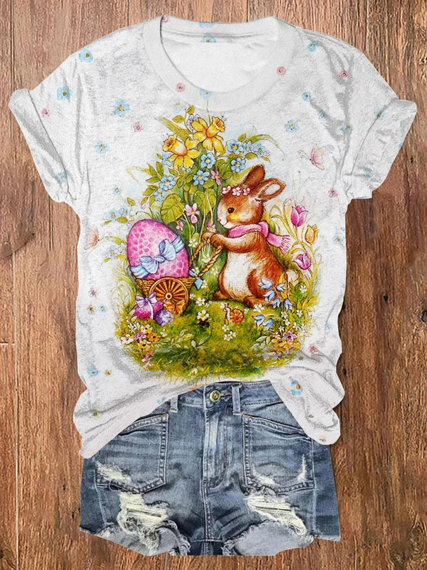 Easter Day Rabbit Flower Crew Neck T-shirt