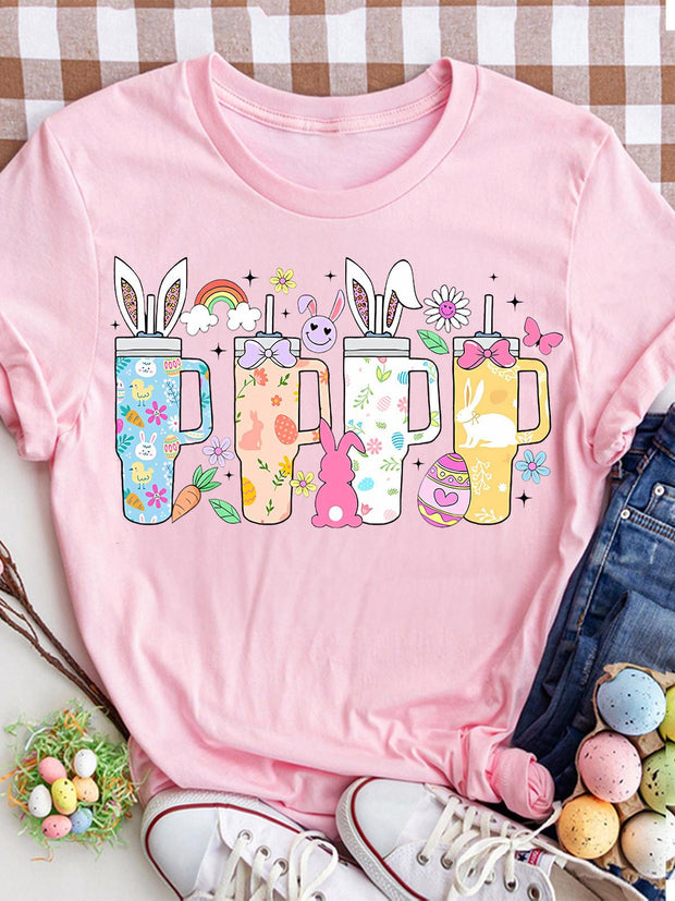 Cute Easter Cup Print Crew Neck T-shirt