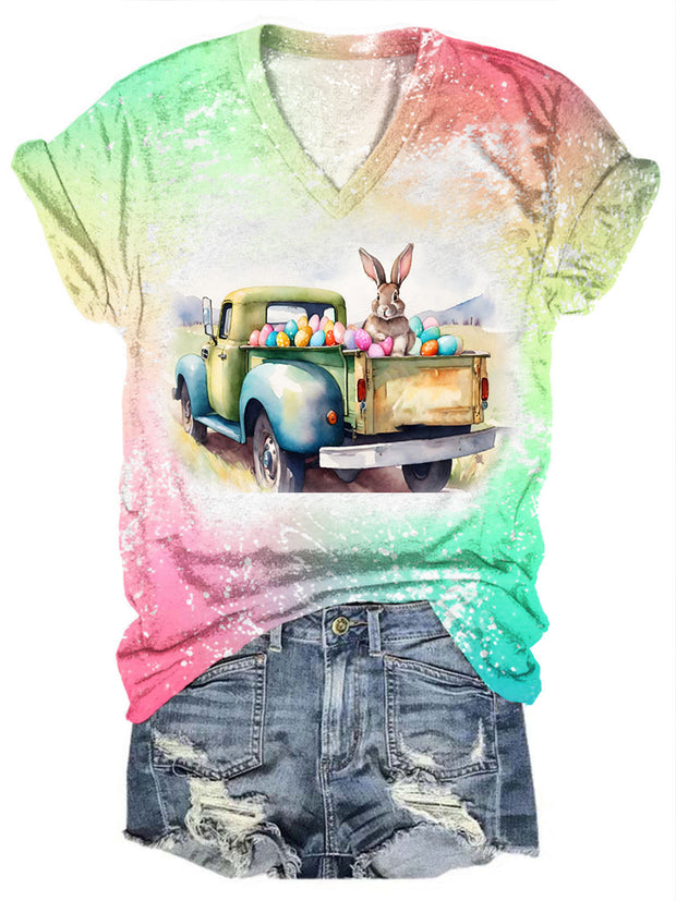 Women's Easter Truck Bunny Tie Dye Print T-Shirt