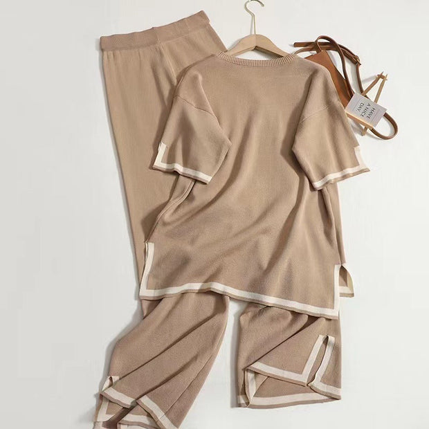 Contrast color slit sweater + wide-leg trousers two-piece set