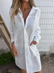 White Hollow Lapel Cotton and Linen Dress