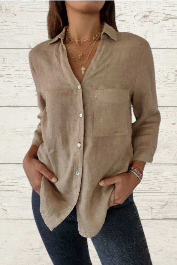 Women's Casual Solid Color Pocket Front Linen Shirt
