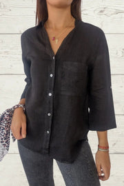 Women's Casual Solid Color Pocket Front Linen Shirt
