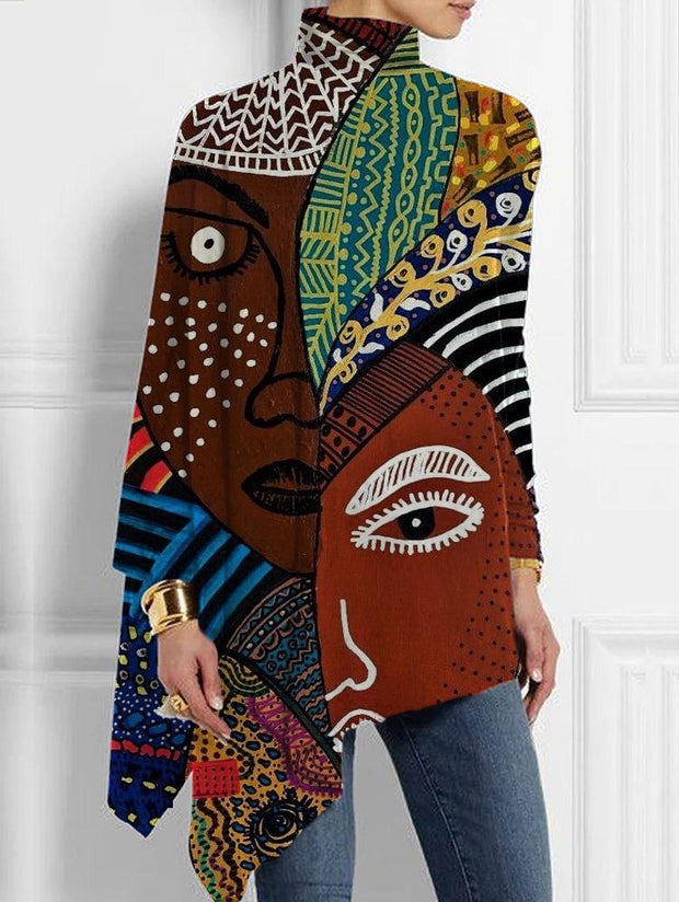 Afro-ethnic art print loose turtleneck long-sleeved women's top