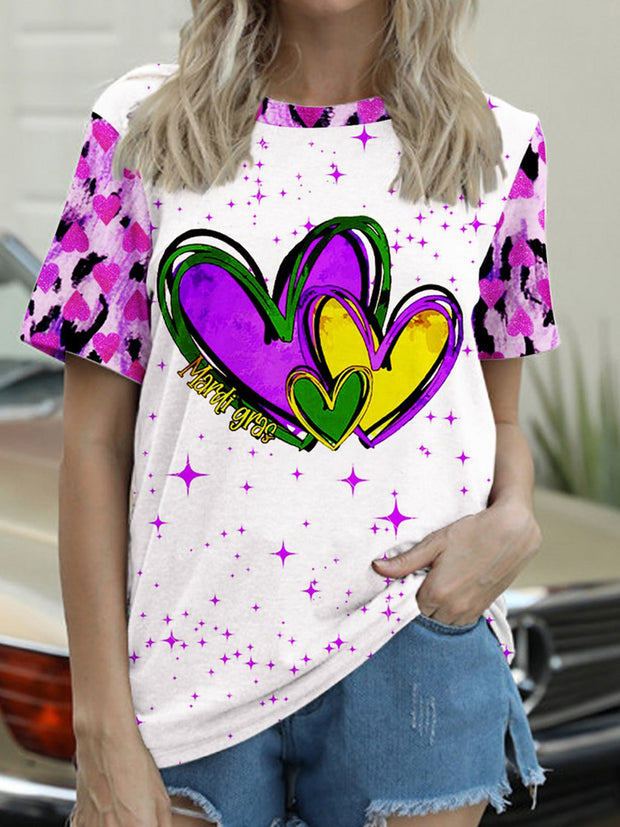 Mardi Gras Heart Printed Crew Neck T-shirt