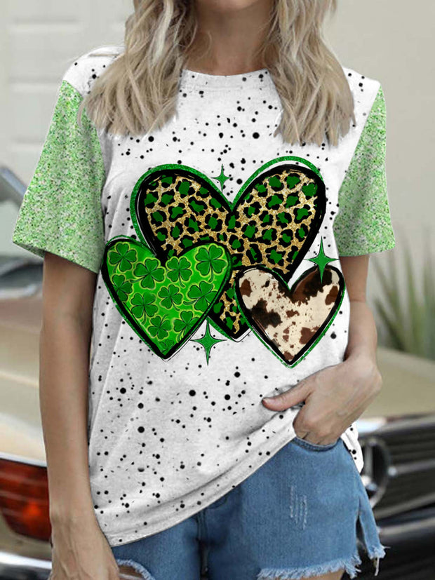 St. Patrick's Four Leaf Shamrock Hearts Print T-shirt