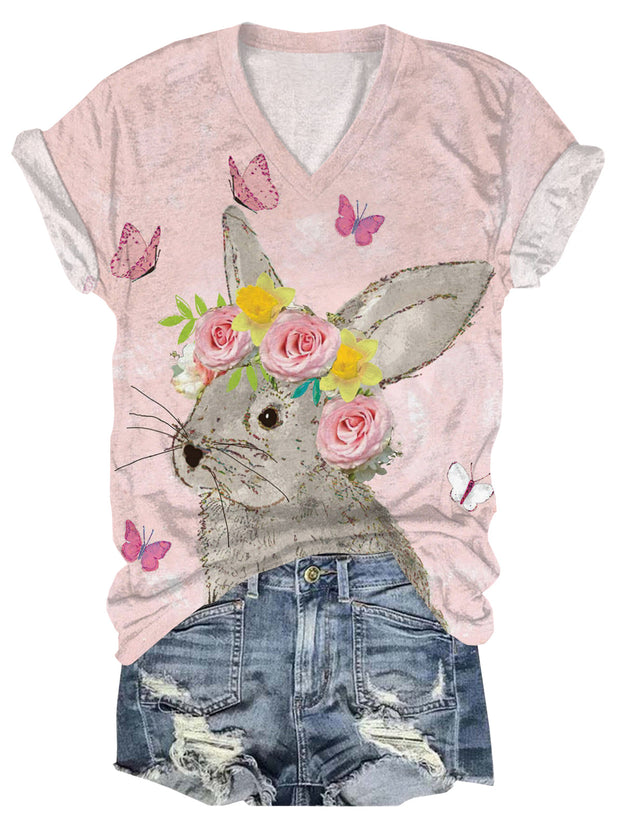 Women's Floral Bunny Print V-Neck Short Sleeve T-Shirt