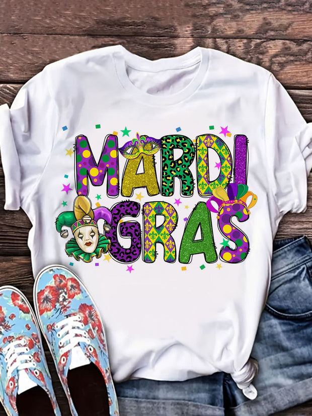 Mardi Gras Carnival Print Short Sleeve Crew Neck T-Shirt