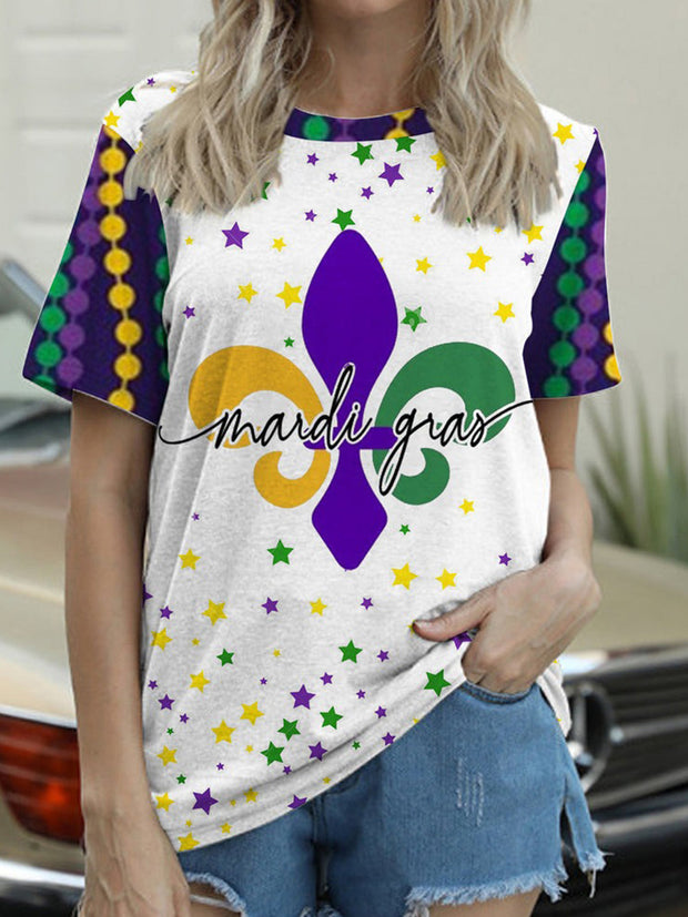 Mardi Gras Beads Stars Crew Neck T-shirt