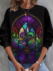 Stained Glass Mardi Gras Print Long Sleeve Casual Top