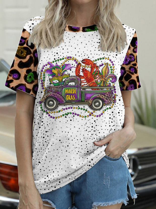 Mardi Gras Western Leopard Love Heart Crawish Crew Neck T-shirt