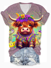 Mardi Gras Highland Cow V-Neck T-Shirt