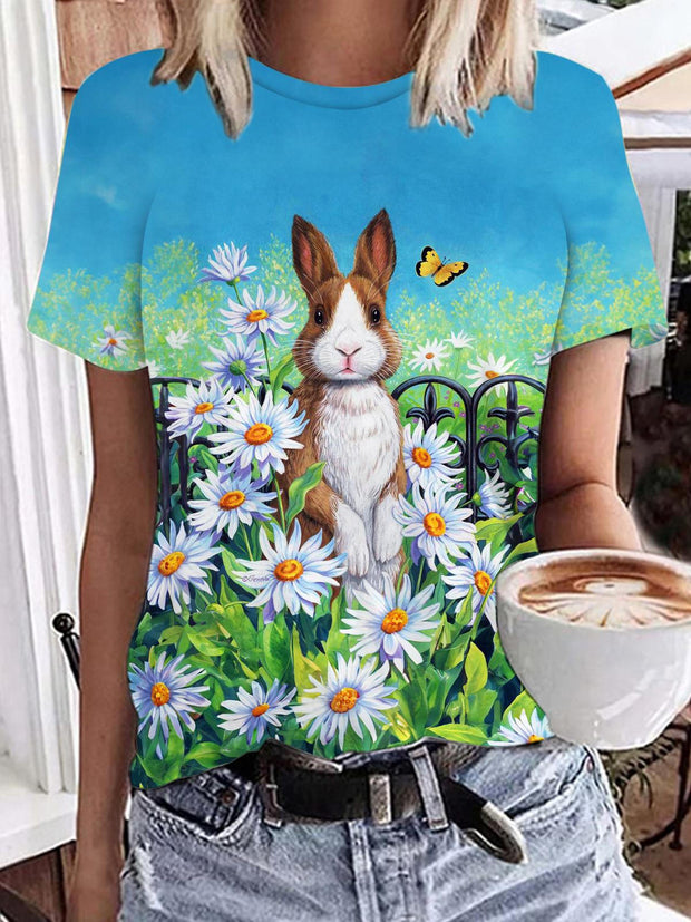 Daisy Flower Rabbit Crew Neck T-shirt